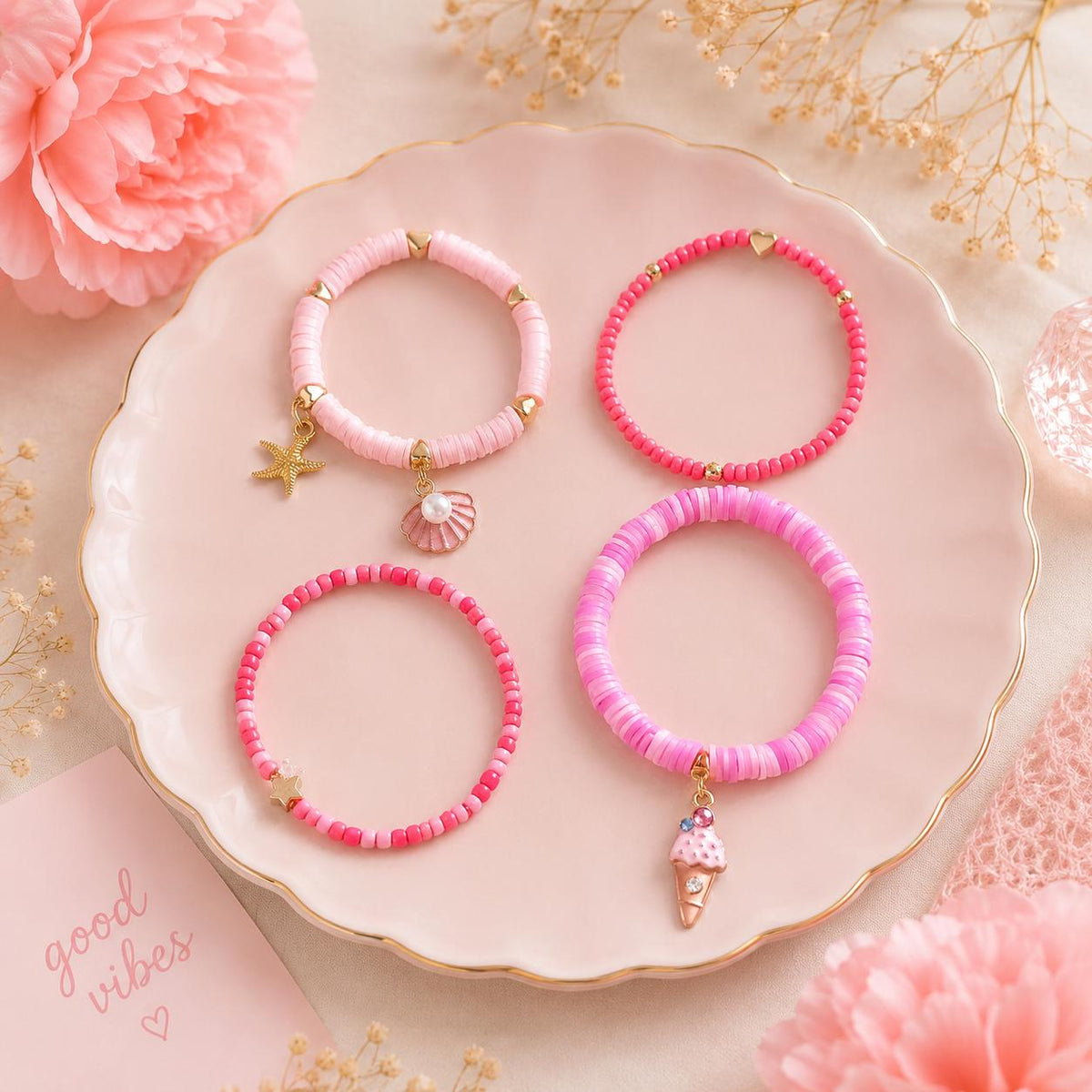 Beaded Charms Strech Bracelets- Set of 4- Pink