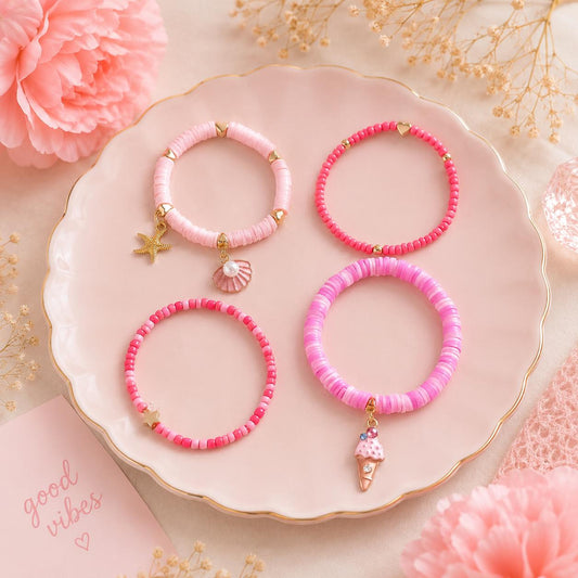 Beaded Charms Strech Bracelets- Set of 4- Pink