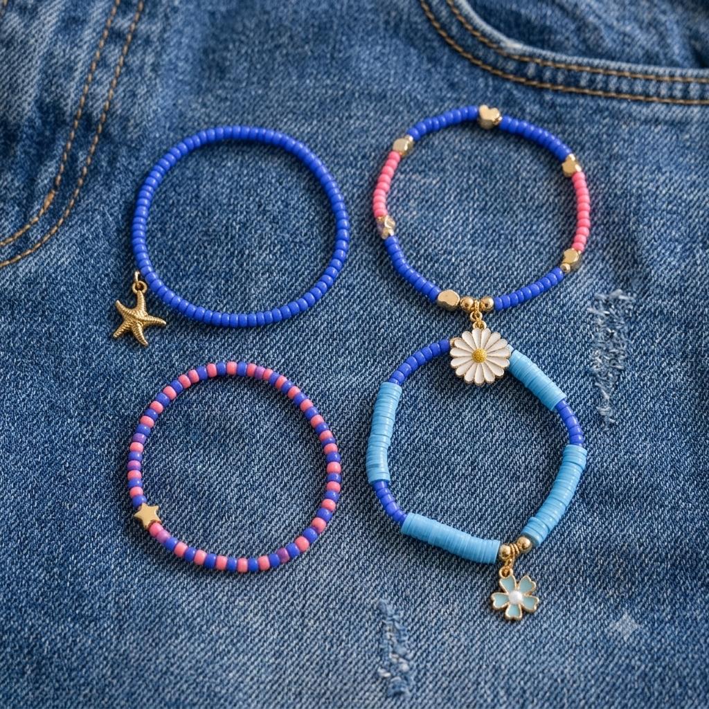 Girls Charm Beaded Strech Bracelets - Set of 4