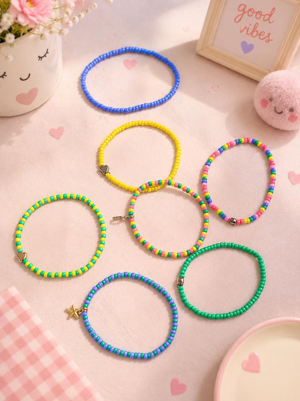 Beaded Charms Strech Bracelets - Set of 7 - Multicolor