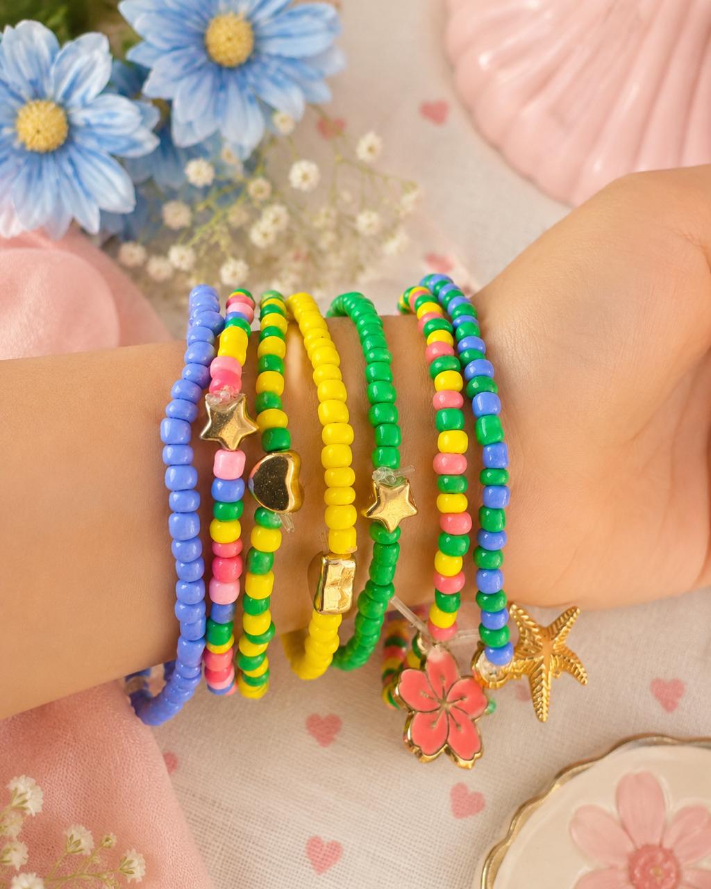 Girls Charm Beaded Strech Bracelets - Set of 7 - Multicolor