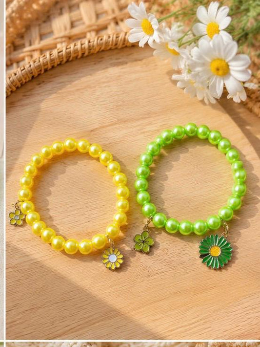 Girls Charms Beaded Strech Bracelets - Set of 2 - Yellow & Green