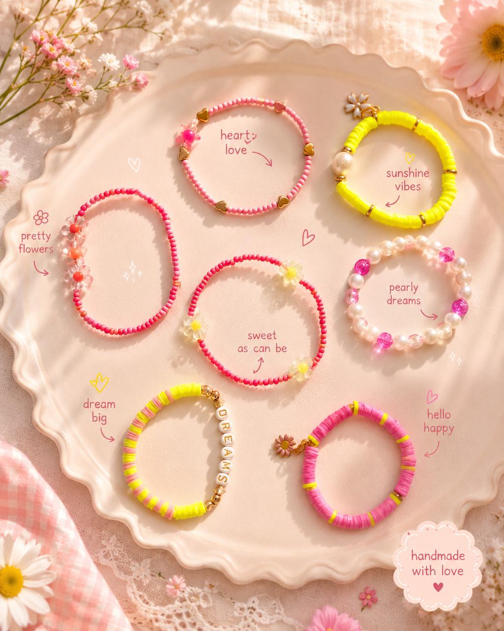 Girls Charms Beaded Strechy Bracelet - Set of 7 - Pink & Neon Yellow