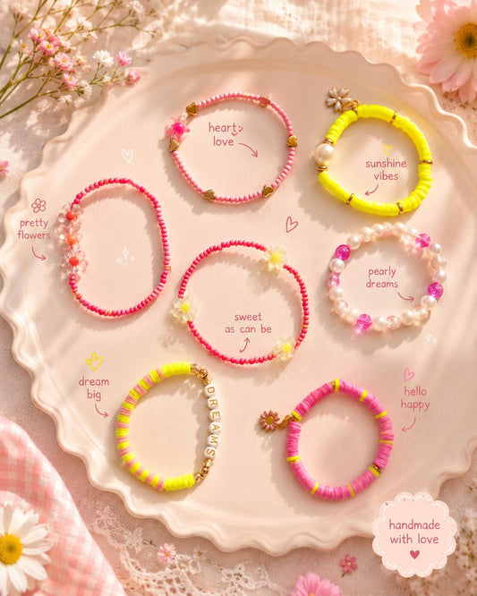 Beaded Charms Strech Bracelets - Set of 7 - Pink & Neon Yellow