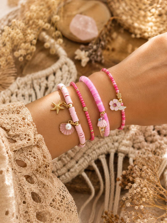 Girls Charm Beaded Strech Bracelets- Set of 4- Pink
