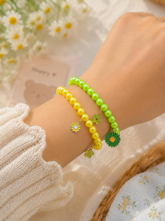 Girls Charms Beaded Strech Bracelets - Set of 2 - Yellow & Green