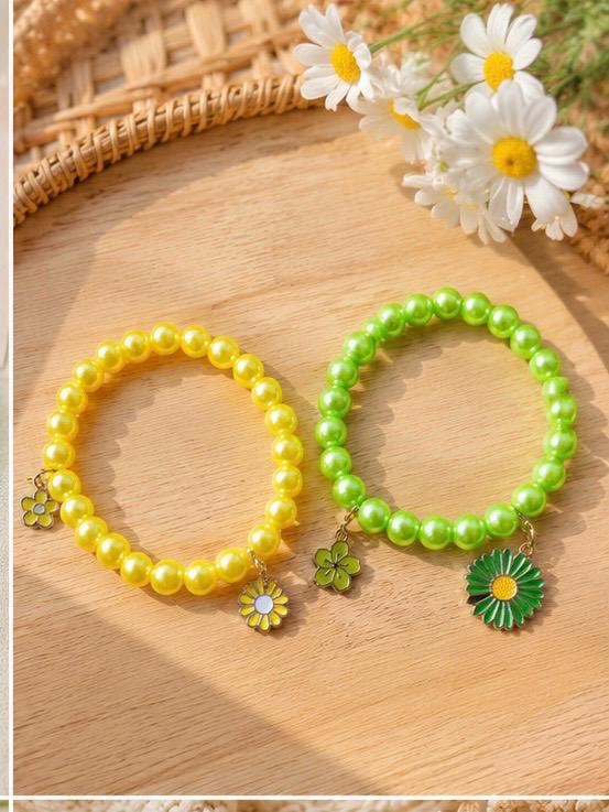 Girls Charms Beaded Strech Bracelets - Set of 2 - Yellow & Green