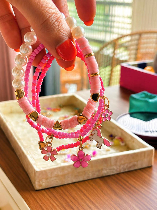 Beaded Charms Strech Bracelets- Set of 4 -Shades of Pink