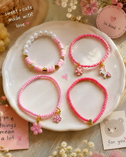 Beaded Charms Strech Bracelets- Set of 4 -Shades of Pink
