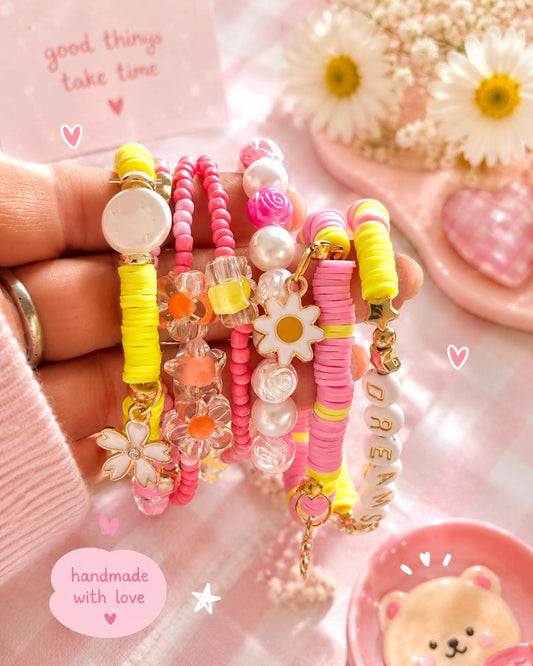 Beaded Charms Strech Bracelets - Set of 7 - Pink & Neon Yellow