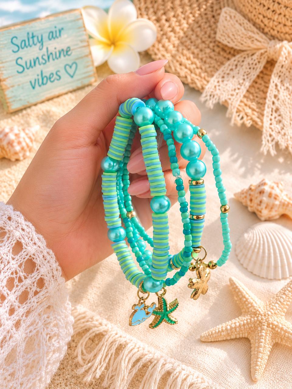 Beaded Charms Strech Bracelets- Set of 4- Light Blue