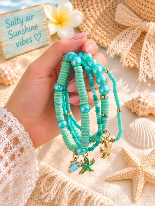 Beaded Charms Strech Bracelets- Set of 4- Light Blue