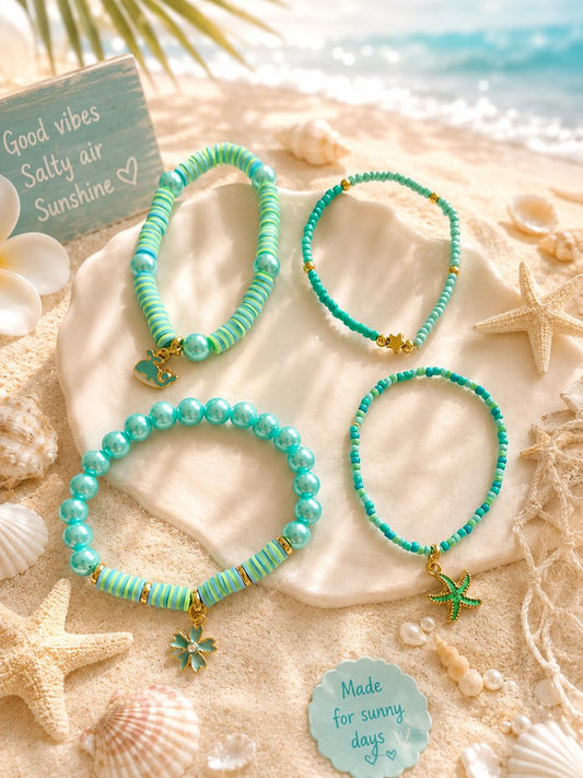 Beaded Charms Strech Bracelets- Set of 4- Light Blue