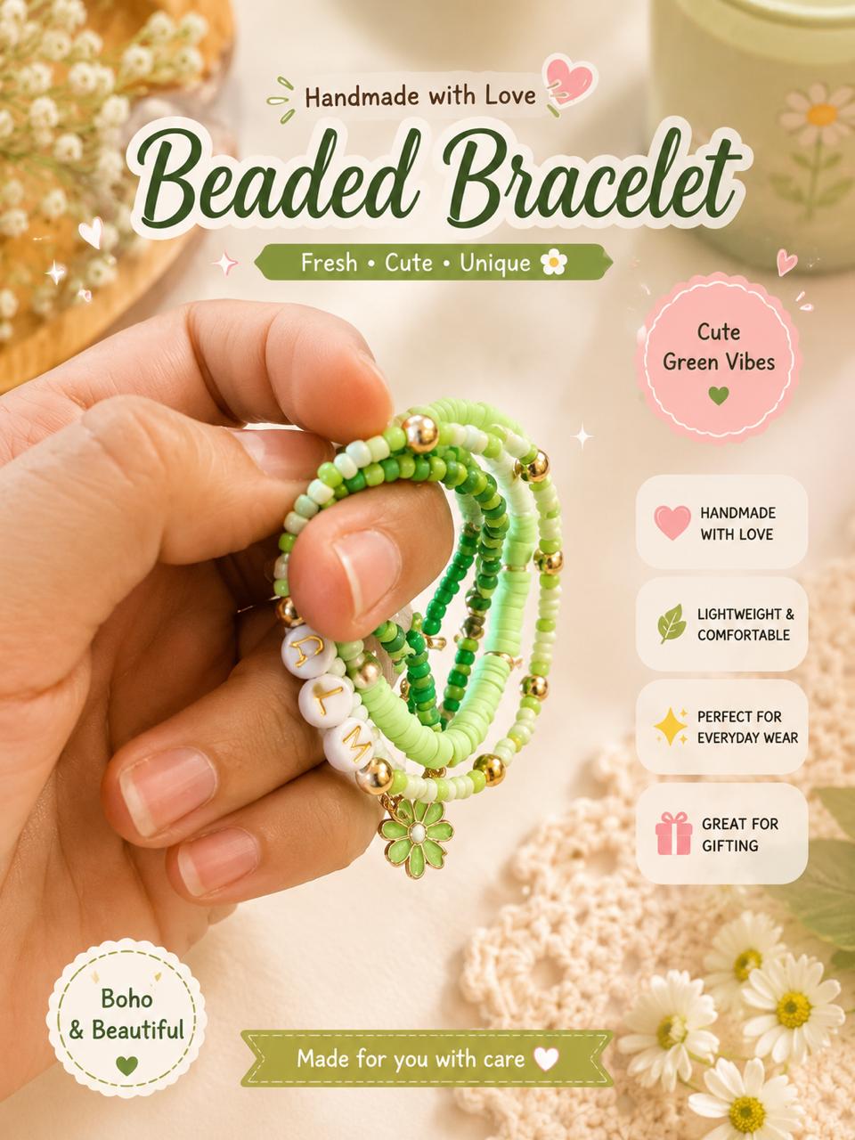 Beaded Charms Strech Bracelets - Set of 4- Green
