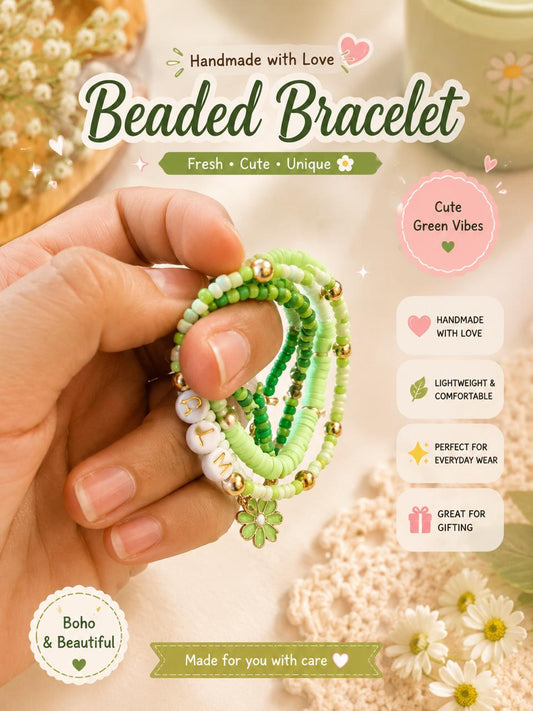 Beaded Charms Strech Bracelets - Set of 4- Green