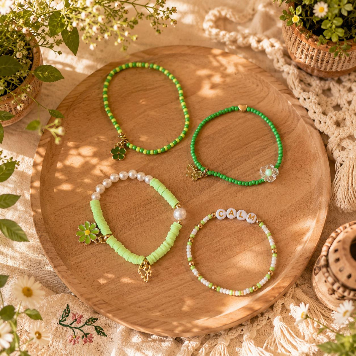 Beaded Charms Strech Bracelets - Set of 4- Green