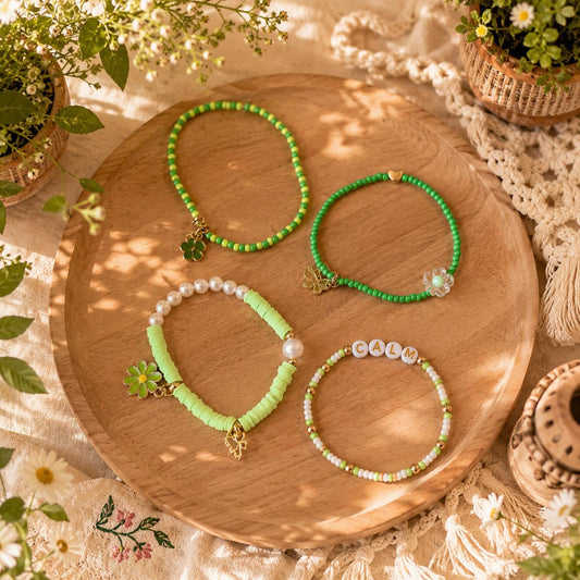 Beaded Charms Strech Bracelets - Set of 4- Green