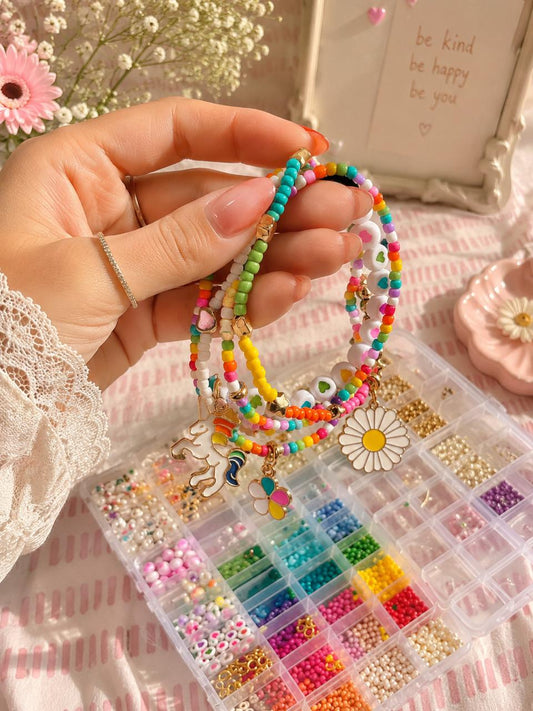 Beaded Charms Strech Bracelets- Set of 4- Rainbow colors