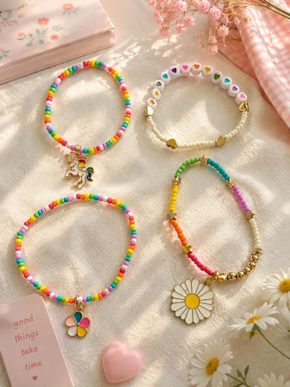 Beaded Charms Strech Bracelets- Set of 4- Rainbow colors