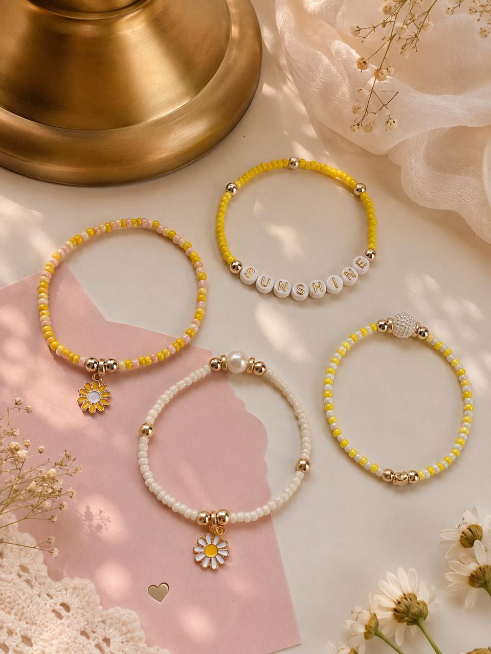 Beaded Charms Strech Bracelet- Set of 4- Sunshine