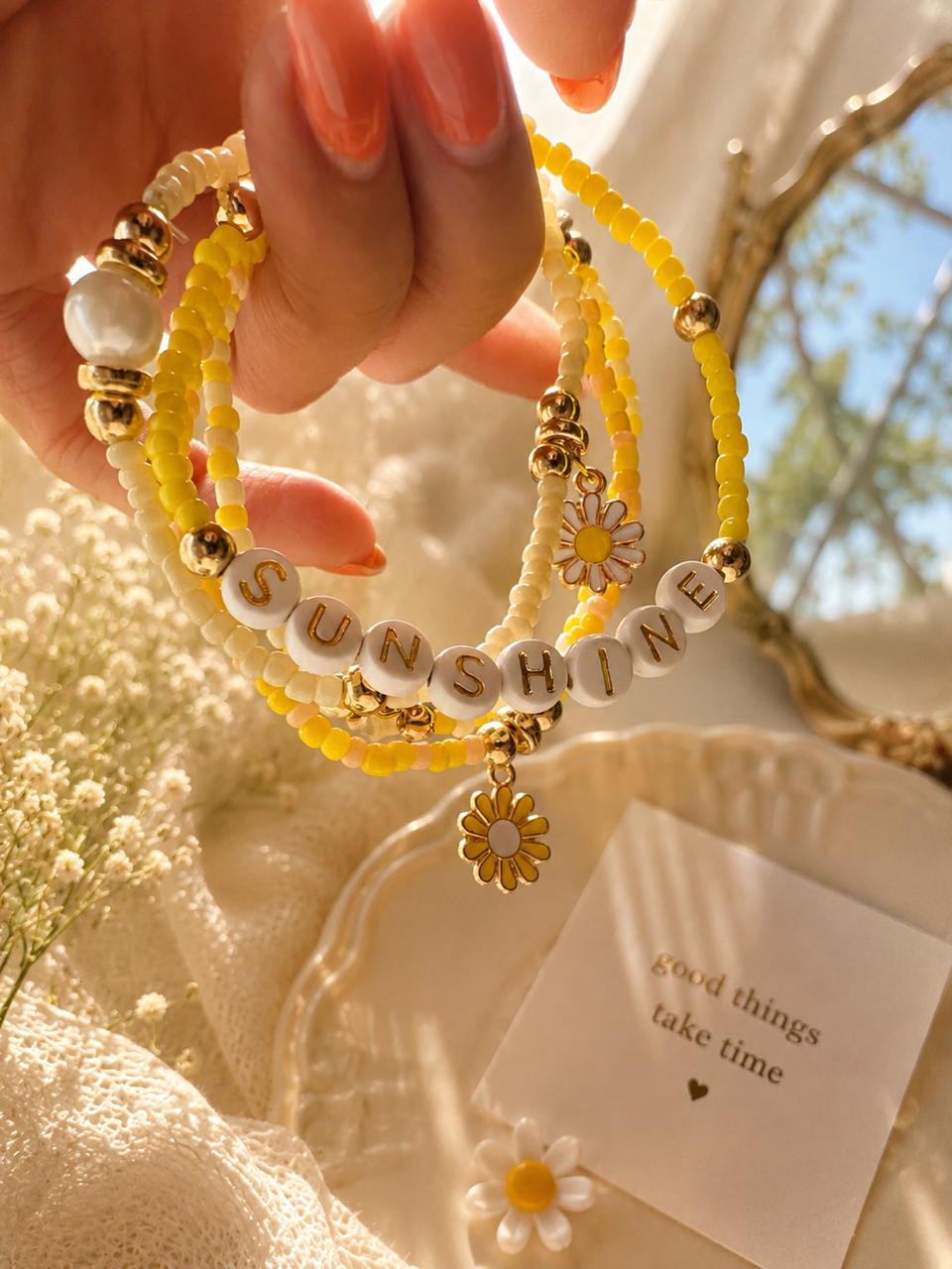 Beaded Charms Strech Bracelet- Set of 4- Sunshine