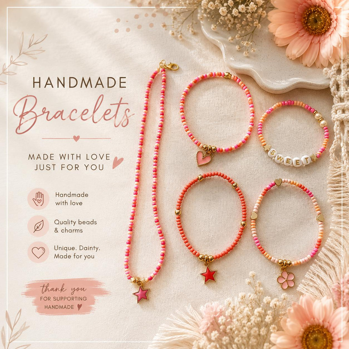 Beaded Charms Bracelet and Necklace- Set 0f 5- Shades of Dusty Pink