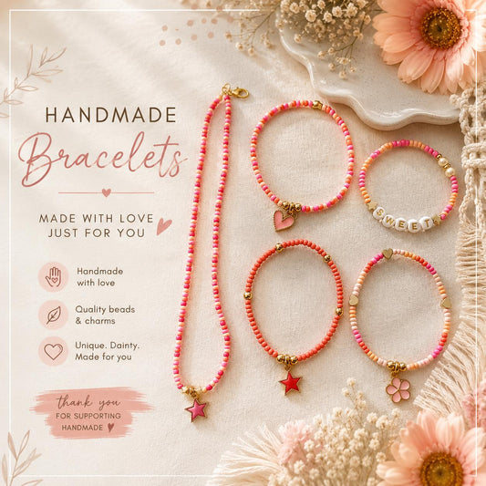 Beaded Charms Bracelet and Necklace- Set 0f 5- Shades of Dusty Pink