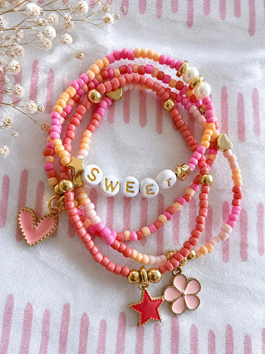 Beaded Charms Bracelet and Necklace- Set 0f 5- Shades of Dusty Pink