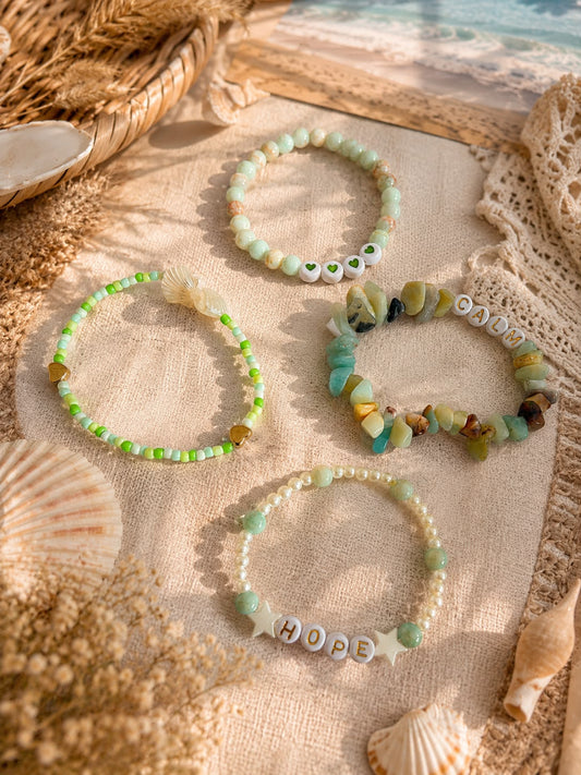 Beaded Bracelets- Stones & Beads- Set of 4- Sage Green & White