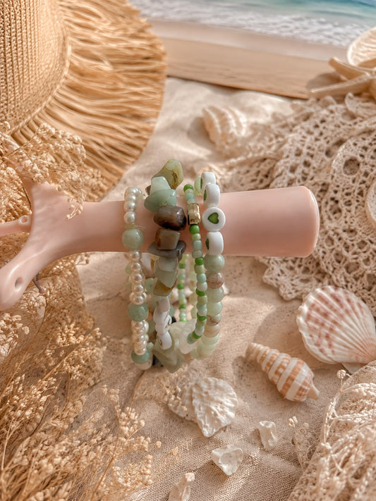 Beaded Bracelets- Stones & Beads- Set of 4- Sage Green & White